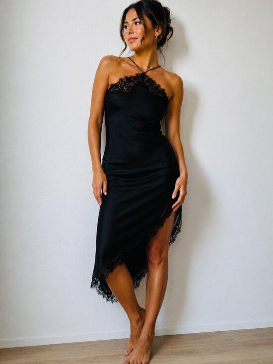 Zara Dresses & Skirts - Zara New Women Halter Asymmetric Satin Lace Dress in black